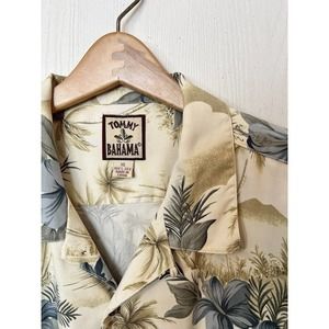 Tommy Bahama Hawaiian 100% Silk Floral Button Down Mens XL EUC Cream Tan Gray